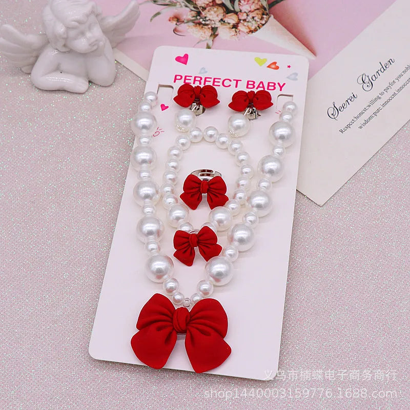 Bow Pearl Jewelry Set for Girls | Necklace Bracelet Earrings Ring | Student | USA