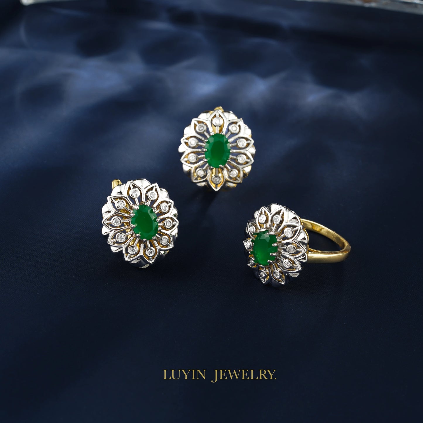 Floral Style Inlaid Main Green Zircon Fashion Jewelry Sets Women's Earrings Ring Copper plating 2 Color 14K Gold For Luxury Gift