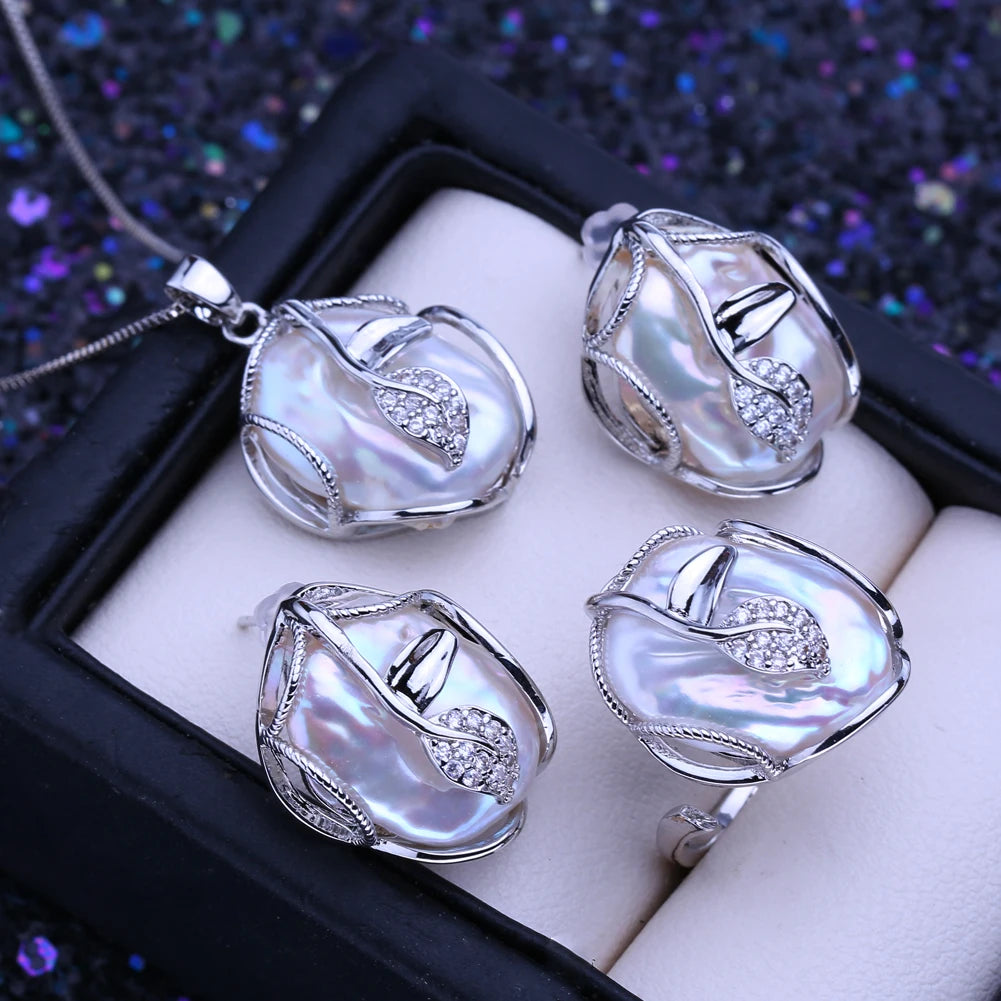 FENASY 925 Sterling Silver Jewelry Sets Big Baroque Natural Pearl Stud Earrings Custom Luxury Necklaces Rings For Women
