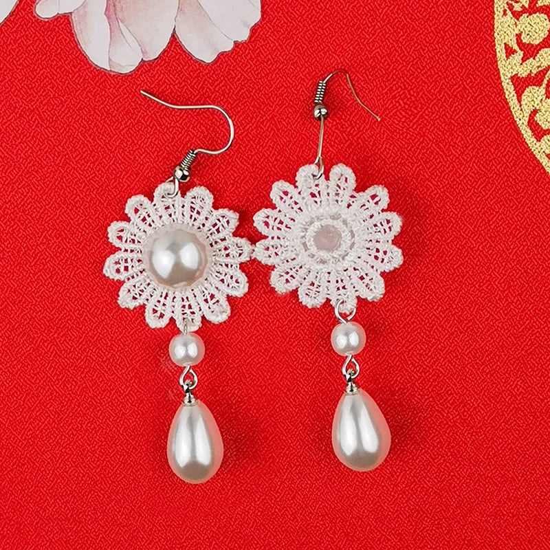 White Pearl Lace Necklace & Earrings Set | Lolita Fashion Accessories