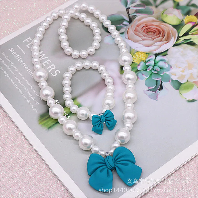 Bow Pearl Jewelry Set for Girls | Necklace Bracelet Earrings Ring | Student | USA