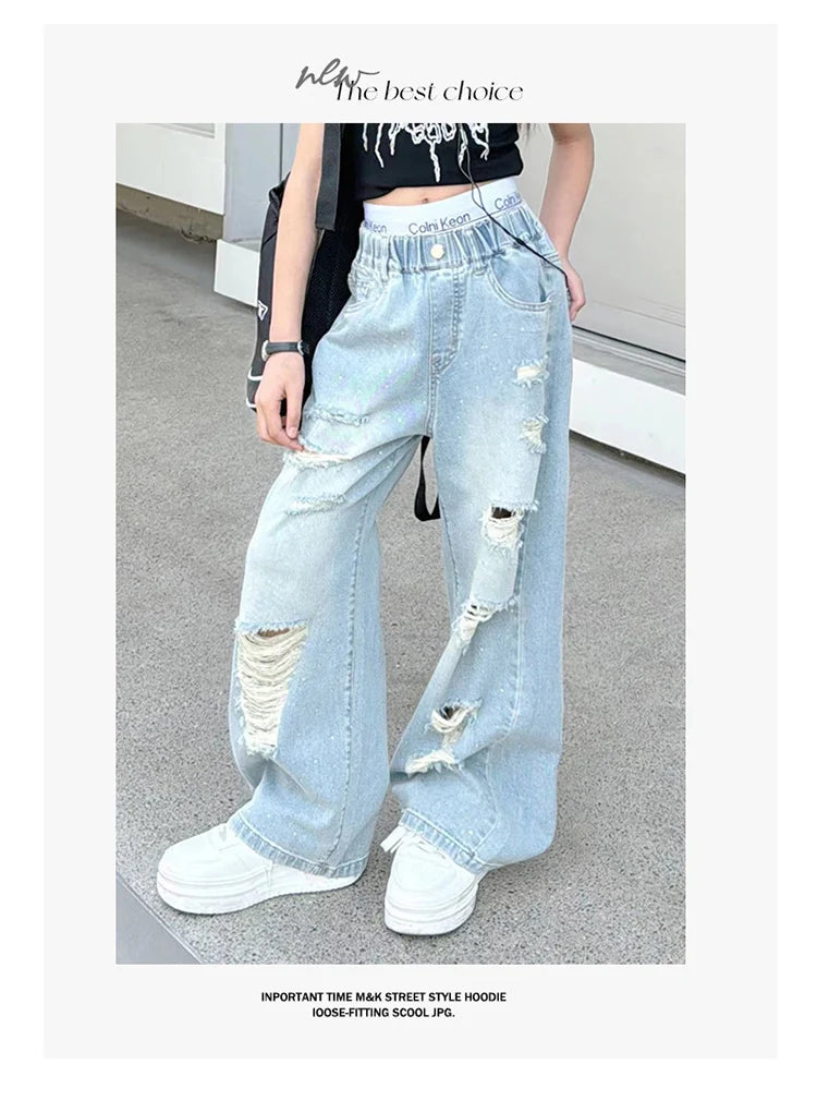 Kids Girls High Fashion Ripped Jeans | Destroyed Denim Pants | Ages 5-14 | USA