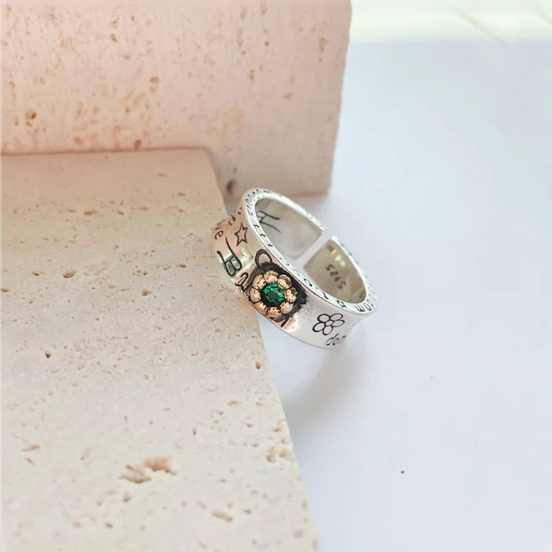 Sterling Silver Flower Bow Ring - Love Combination Adjustable Design