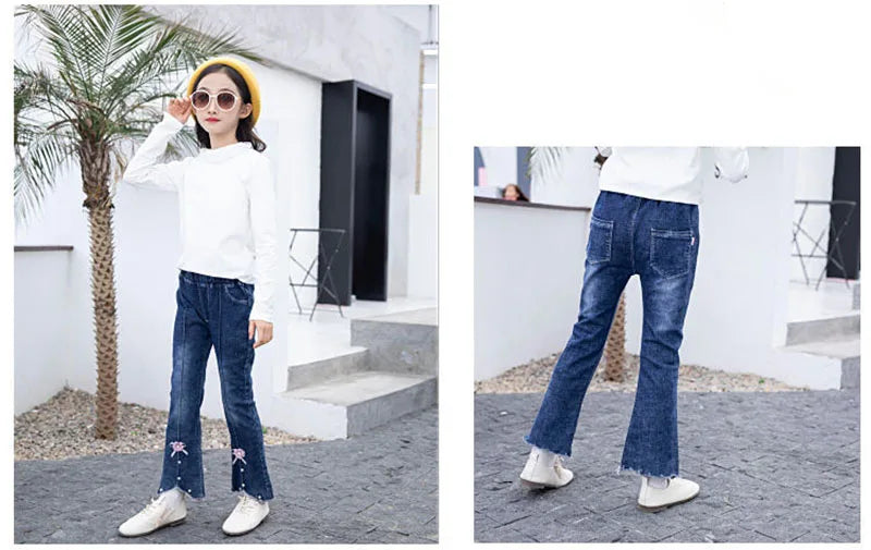 2024 Autumn Elastic Kids Jeans | Girls Cute Bow Denim Flared Pants | Ages 3-12 | USA