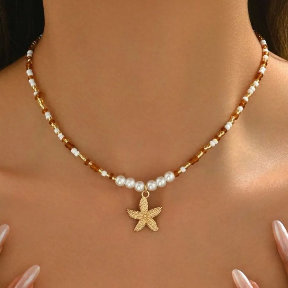Bohemian Starfish Beach Necklace for Women | Pearl Beaded Choker | Summer | USA