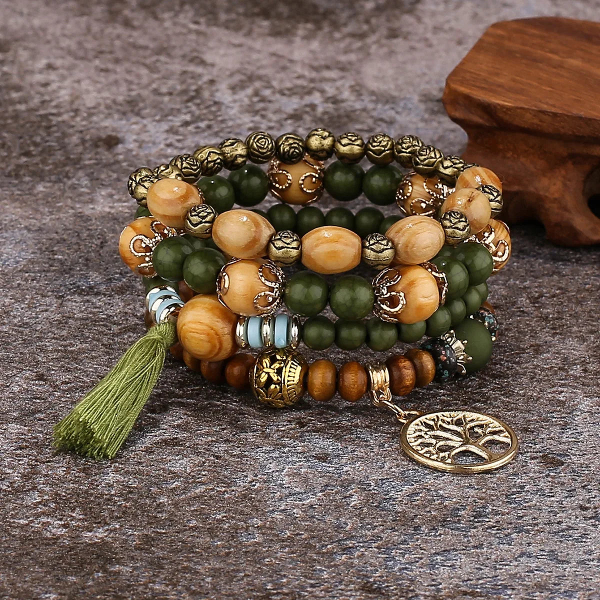 4-Piece Tree of Life Bracelet Set | Wooden Beaded Boho Bangles | USA Australia
