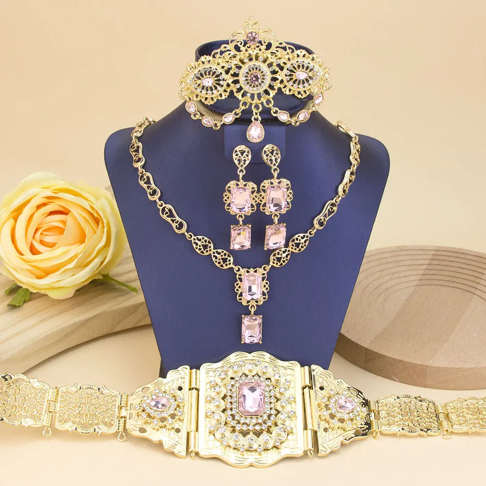 Sunspicems Gold Color Crystal Morocco Bride Jewelry Sets For Women Caftan Belt Waist Chain Charm Choker Necklace Square Earrings
