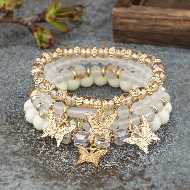 Butterfly Beaded Bracelet Set | 4 Piece Pink Bohemian Stack | USA Australia