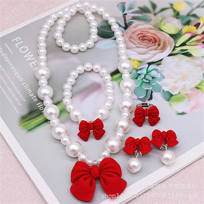 Bow Pearl Jewelry Set for Girls | Necklace Bracelet Earrings Ring | Student | USA