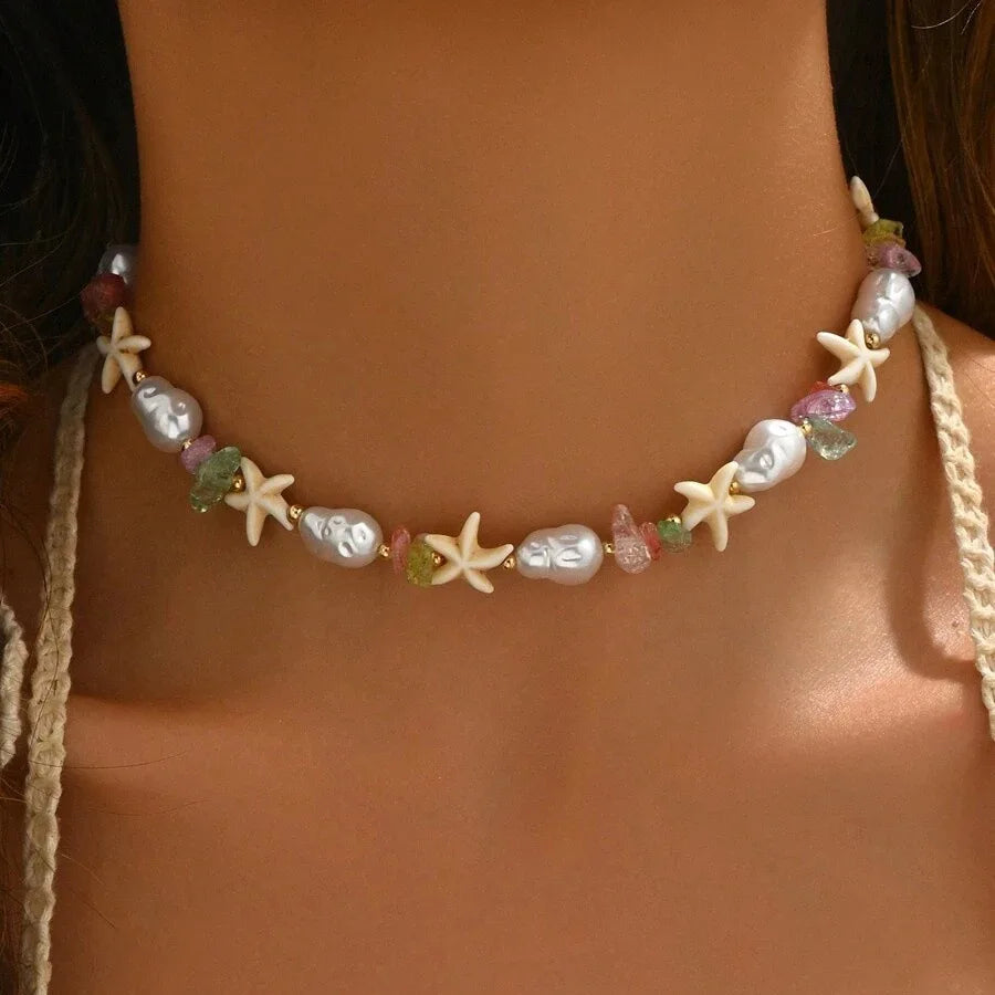 Bohemian Starfish Beach Necklace for Women | Pearl Beaded Choker | Summer | USA