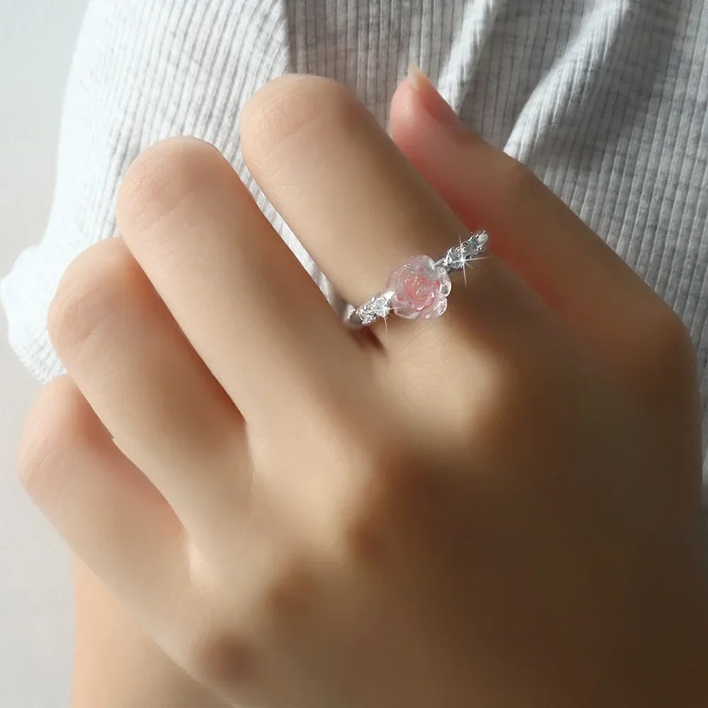 Rose Flower Sterling Silver Ring | Adjustable Pink Zircon Floral Band | USA