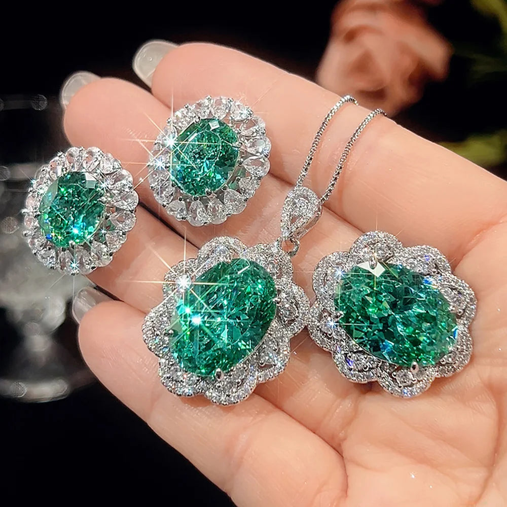 Sparkling Green Tourmaline Pendant Necklace Earrings Ring for Women Gemstone Cocktail Party Fine Jewelry Sets Anniversary Gift