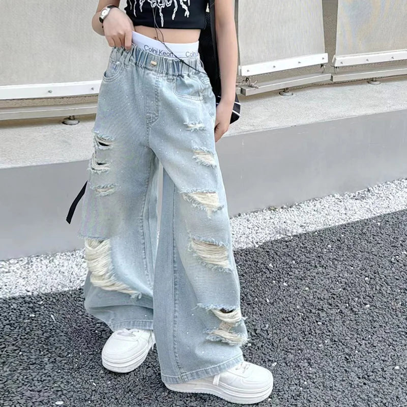 Kids Girls High Fashion Ripped Jeans | Destroyed Denim Pants | Ages 5-14 | USA