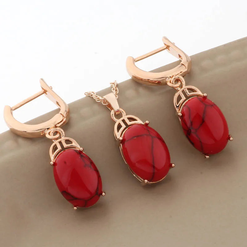 Luxury 585 Rose Gold Color Wedding Jewelry Sets Natural Stone Jewelry Set High Quality Dangle Earring Necklace Sets Gifts