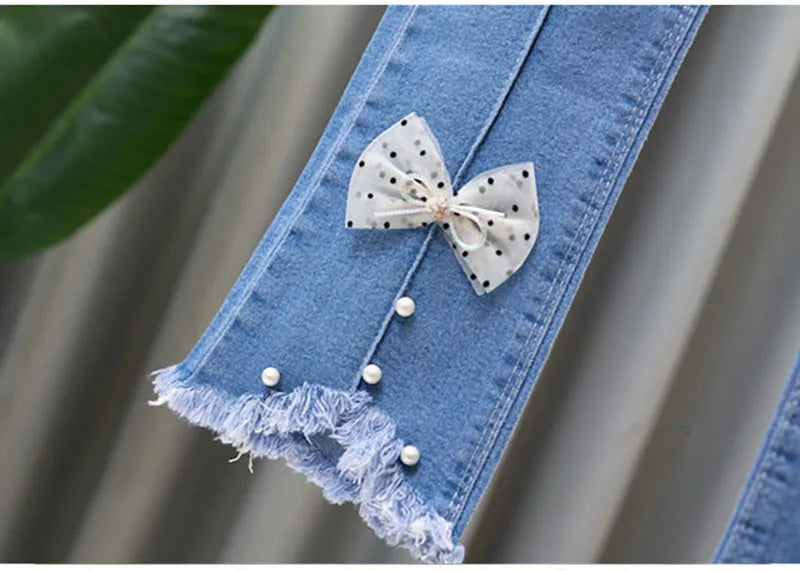 2024 Autumn Elastic Kids Jeans | Girls Cute Bow Denim Flared Pants | Ages 3-12 | USA