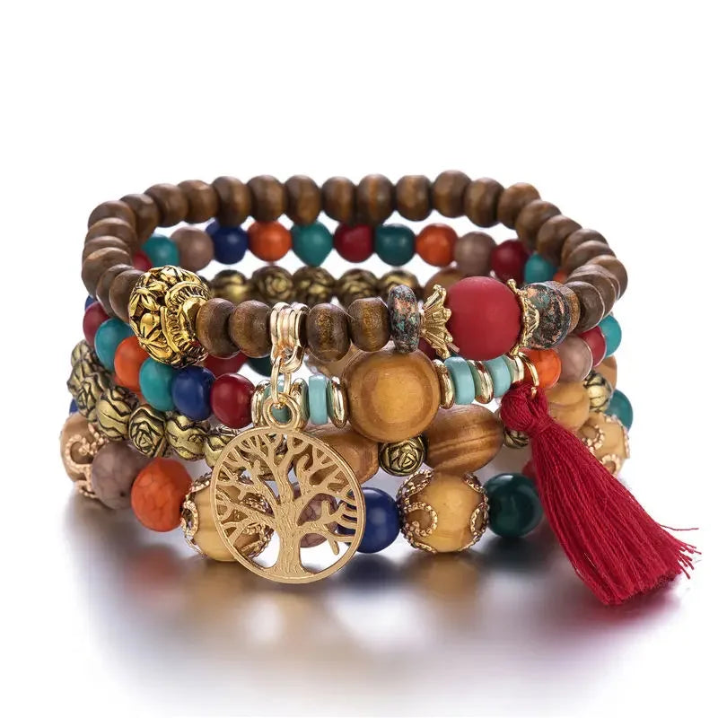 4-Piece Tree of Life Bracelet Set | Wooden Beaded Boho Bangles | USA Australia