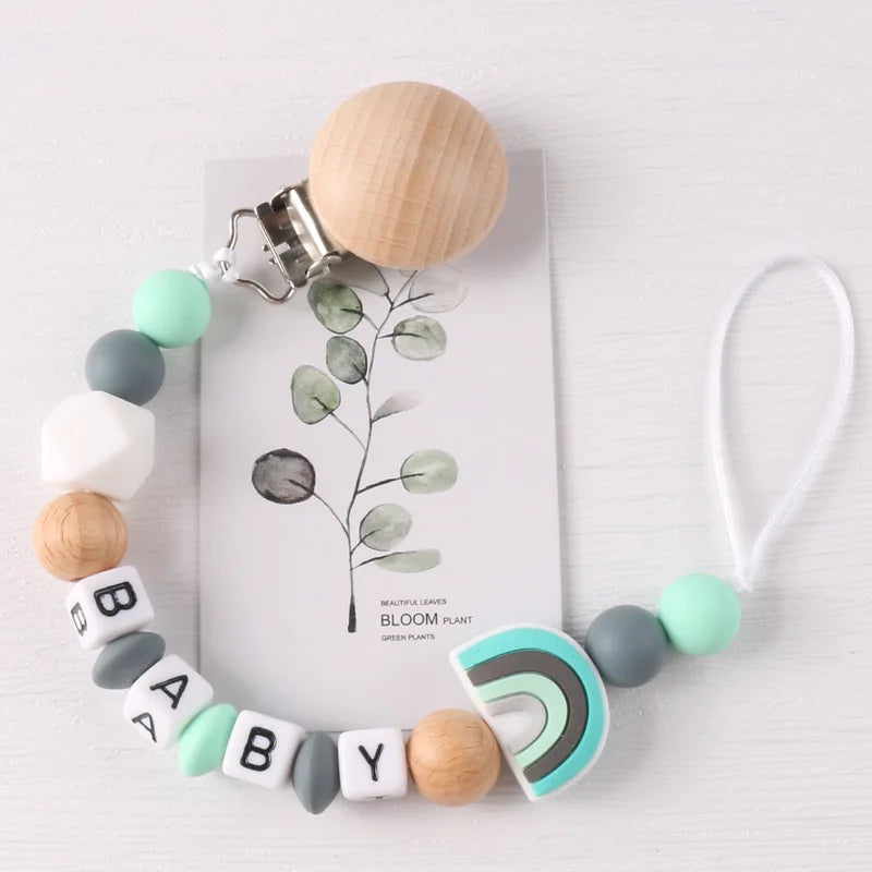 Custom Name Pacifier Holder Chain | Wooden Clip Silicone Teether | USA Australia