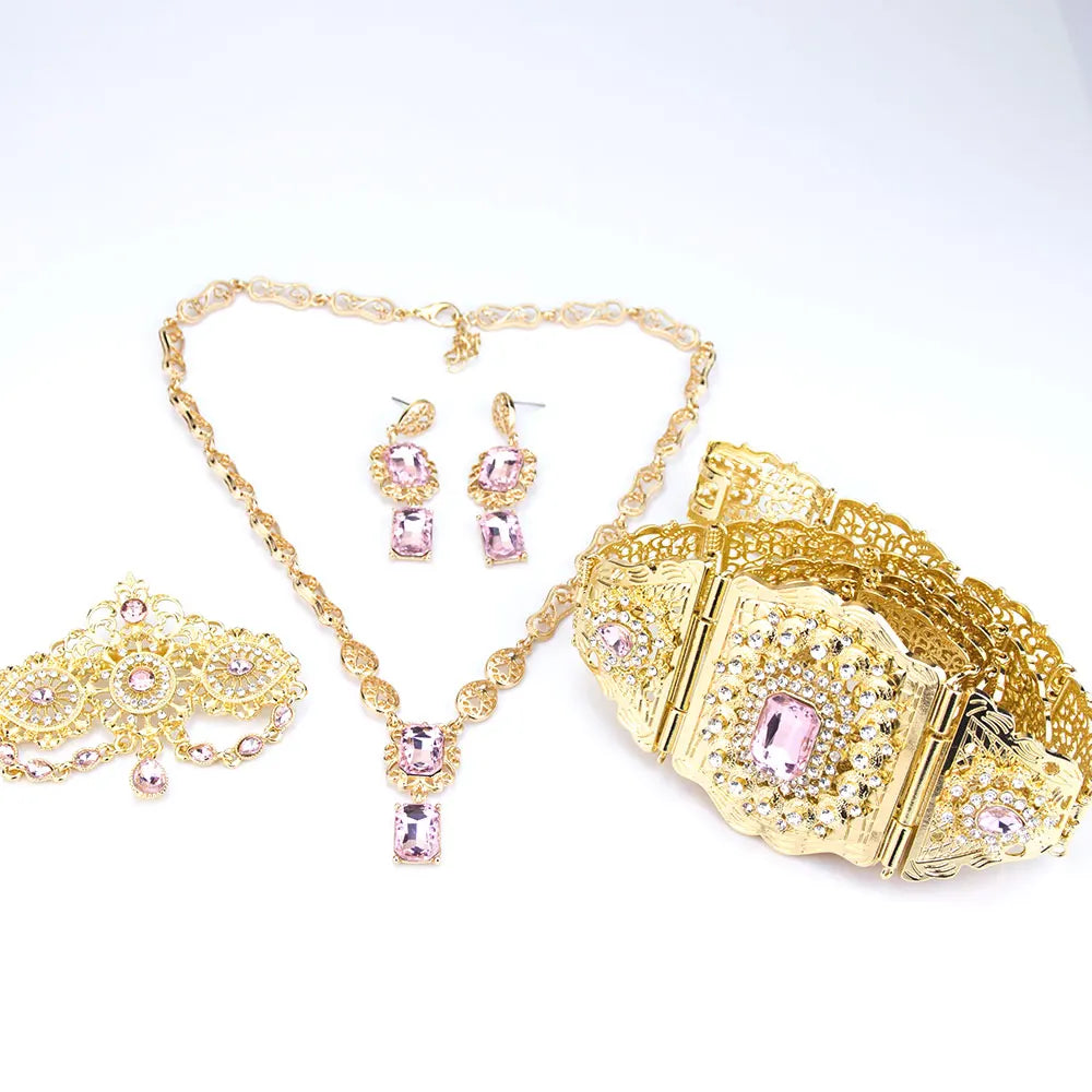 Sunspicems Gold Color Crystal Morocco Bride Jewelry Sets For Women Caftan Belt Waist Chain Charm Choker Necklace Square Earrings