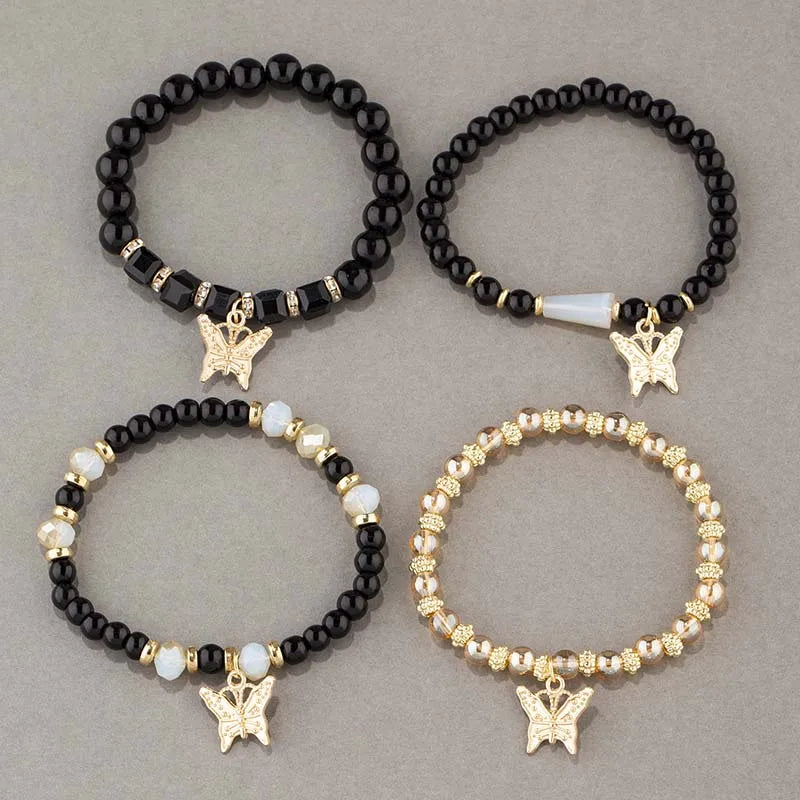 Butterfly Beaded Bracelet Set | 4 Piece Pink Bohemian Stack | USA Australia