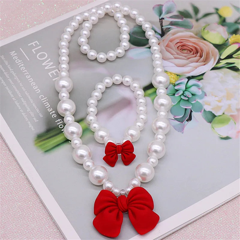 Bow Pearl Jewelry Set for Girls | Necklace Bracelet Earrings Ring | Student | USA