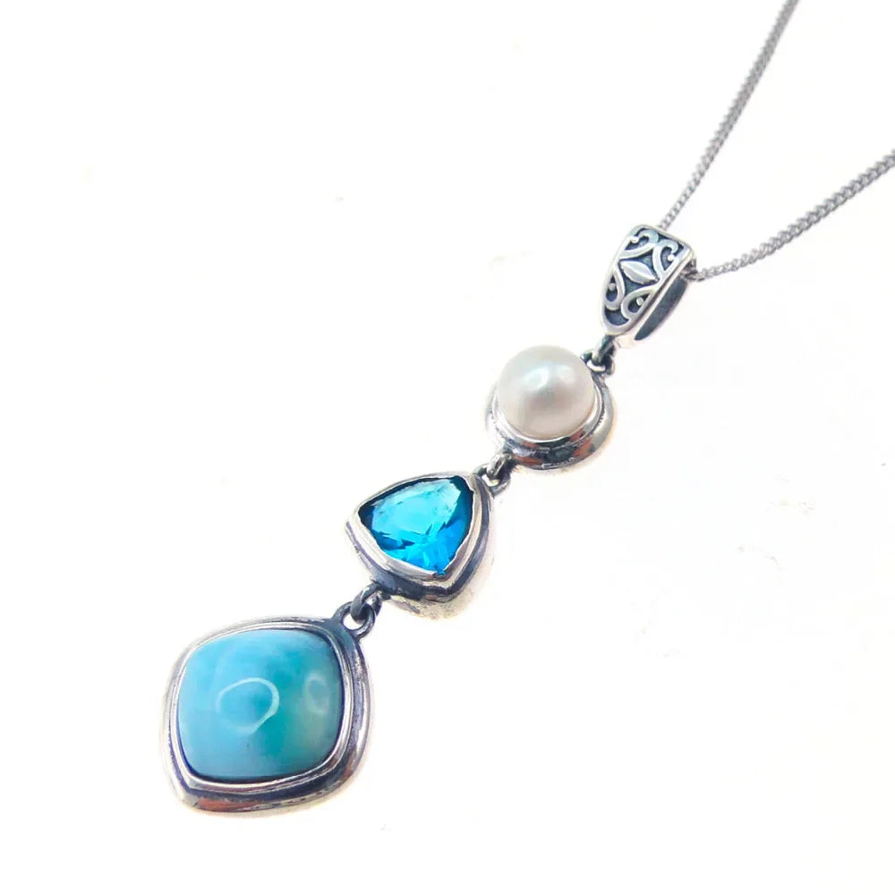 1 Pcs Silver Color Handmade Necklace Pendant Unique Beautiful Blue Natural Sea Pattern And Pearl Pendants Jewelry
