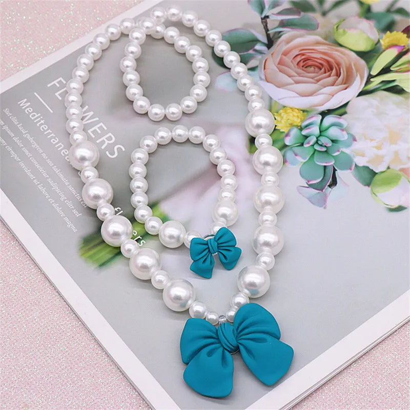 Bow Pearl Jewelry Set for Girls | Necklace Bracelet Earrings Ring | Student | USA