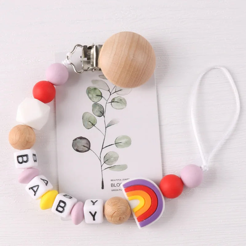 Custom Name Pacifier Holder Chain | Wooden Clip Silicone Teether | USA Australia