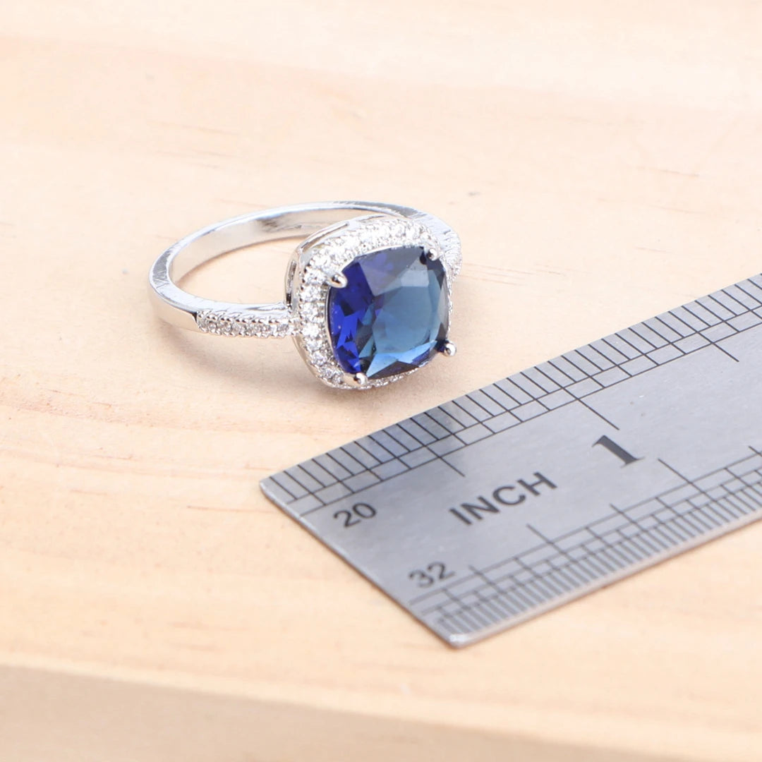 925 Silver Women Bridal Jewelry Sets Blue Cubic Zirconia Wedding Earrings Rings Bracelets Pendant Necklace Set