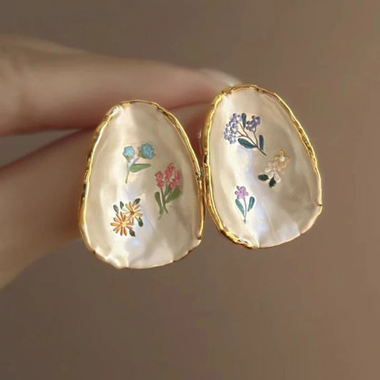 French Oil Painting Flower Earrings - Elegant Shell Vintage Wedding Gift
