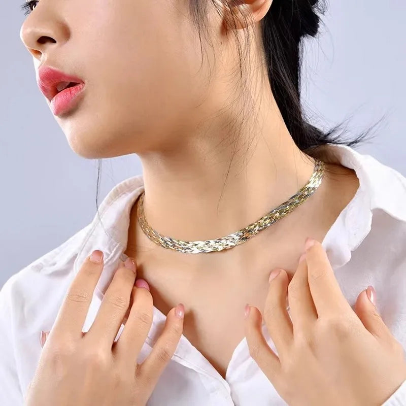 S925 Silver Necklace for Women Italian Craftsmanship Tri Color Silver Six Thread Woven Pure Collarbone Chain Fashion Jewelry