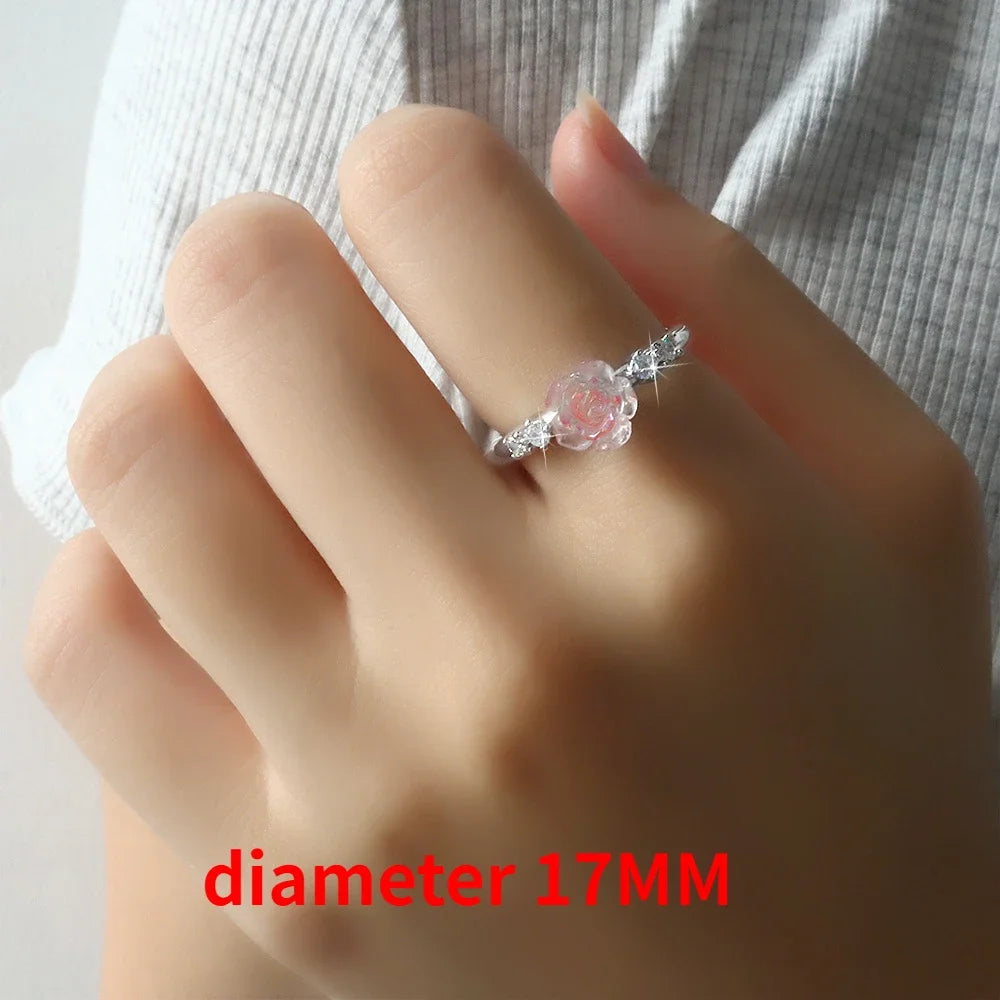 Rose Flower Sterling Silver Ring | Adjustable Pink Zircon Floral Band | USA