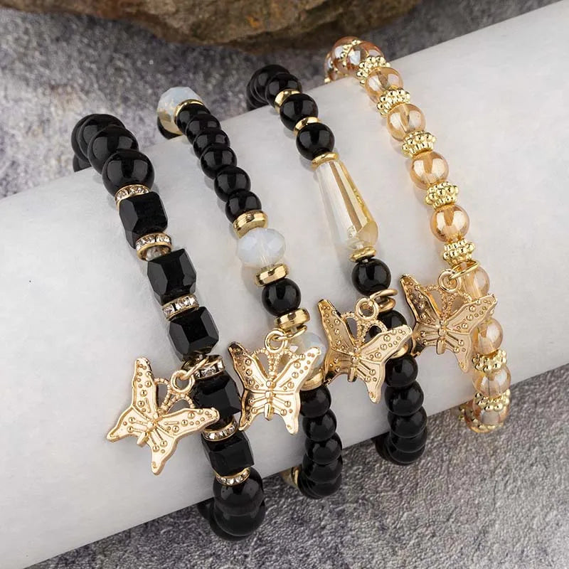 Butterfly Beaded Bracelet Set | 4 Piece Pink Bohemian Stack | USA Australia