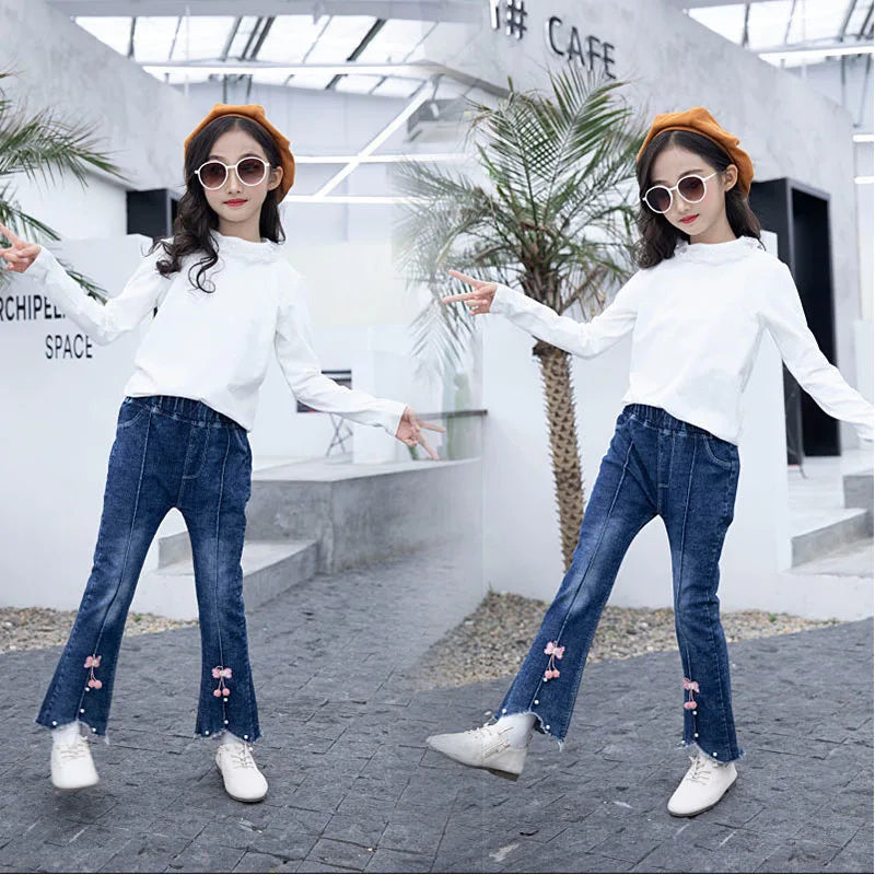 2024 Autumn Elastic Kids Jeans | Girls Cute Bow Denim Flared Pants | Ages 3-12 | USA