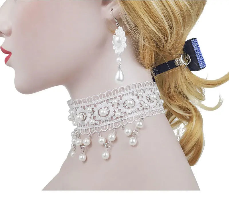 White Pearl Lace Necklace & Earrings Set | Lolita Fashion Accessories