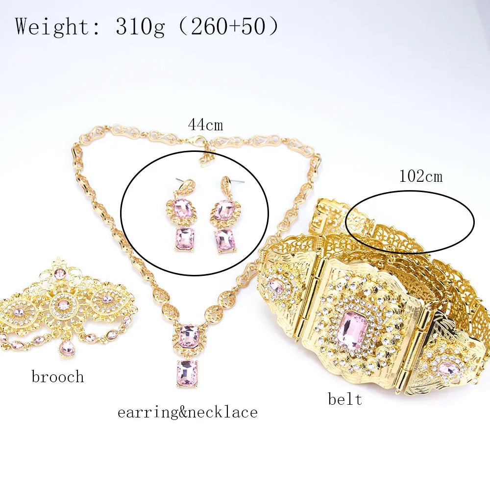 Sunspicems Gold Color Crystal Morocco Bride Jewelry Sets For Women Caftan Belt Waist Chain Charm Choker Necklace Square Earrings