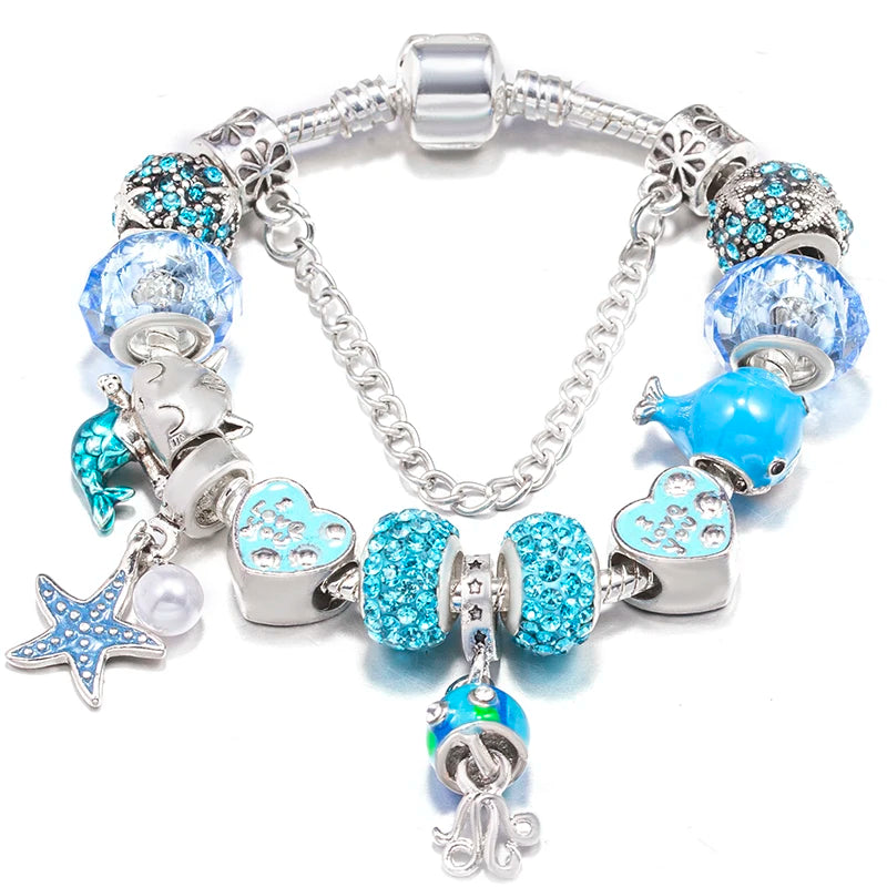 Blue Ocean Turtle Charm Bracelet | Starfish Dolphin Beads | Women Kids | USA