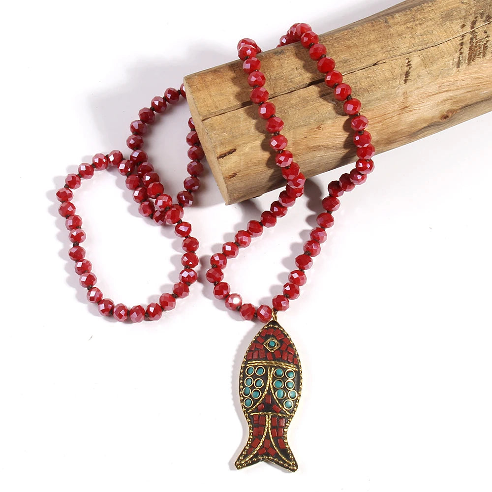 Fashion Bohemian Tribal Necklace | Red Green Crystal Glass Pendant | USA Australia
