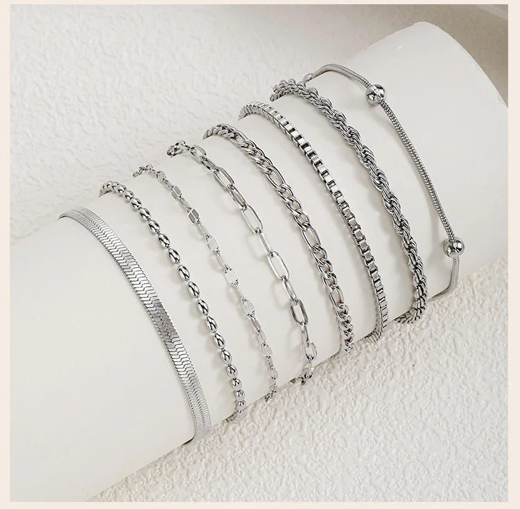 Stainless Steel Link Chain Bracelet | Silver Stackable Layered Set | USA