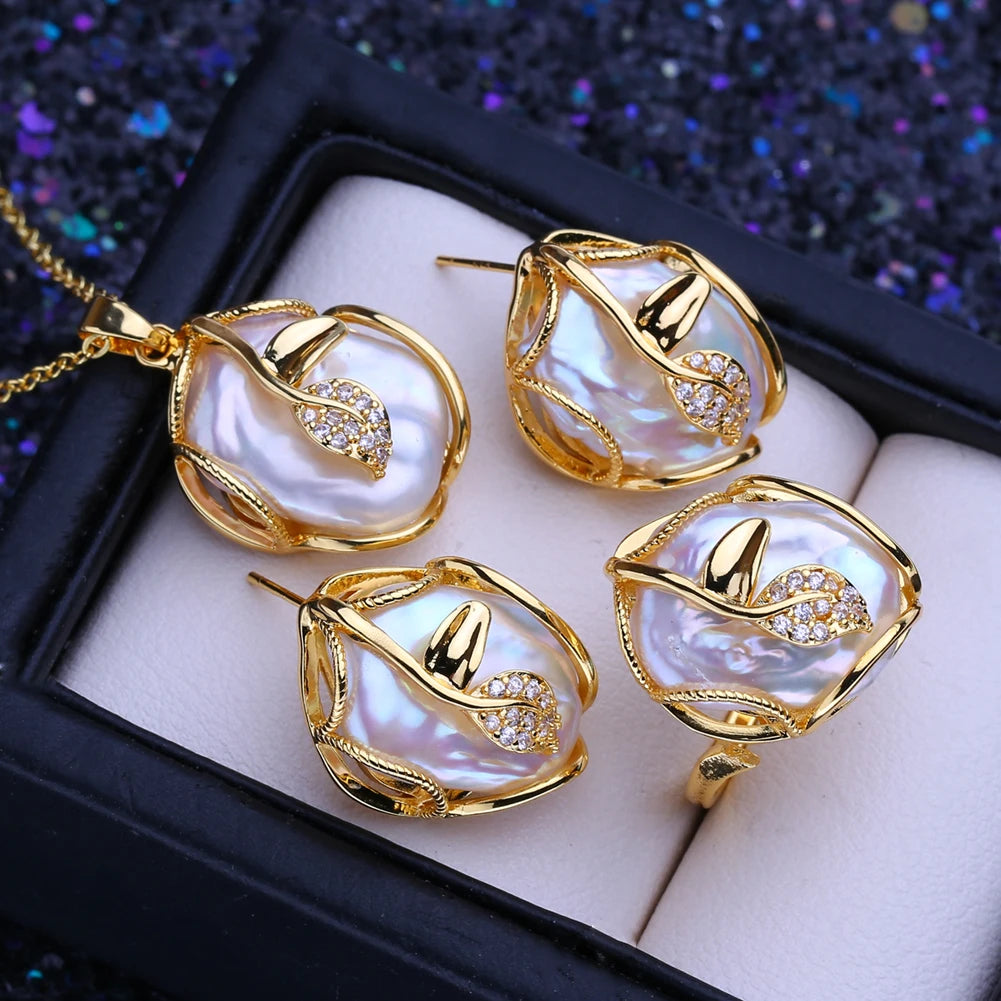 FENASY 925 Sterling Silver Jewelry Sets Big Baroque Natural Pearl Stud Earrings Custom Luxury Necklaces Rings For Women