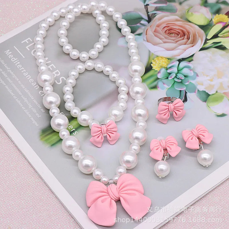 Bow Pearl Jewelry Set for Girls | Necklace Bracelet Earrings Ring | Student | USA