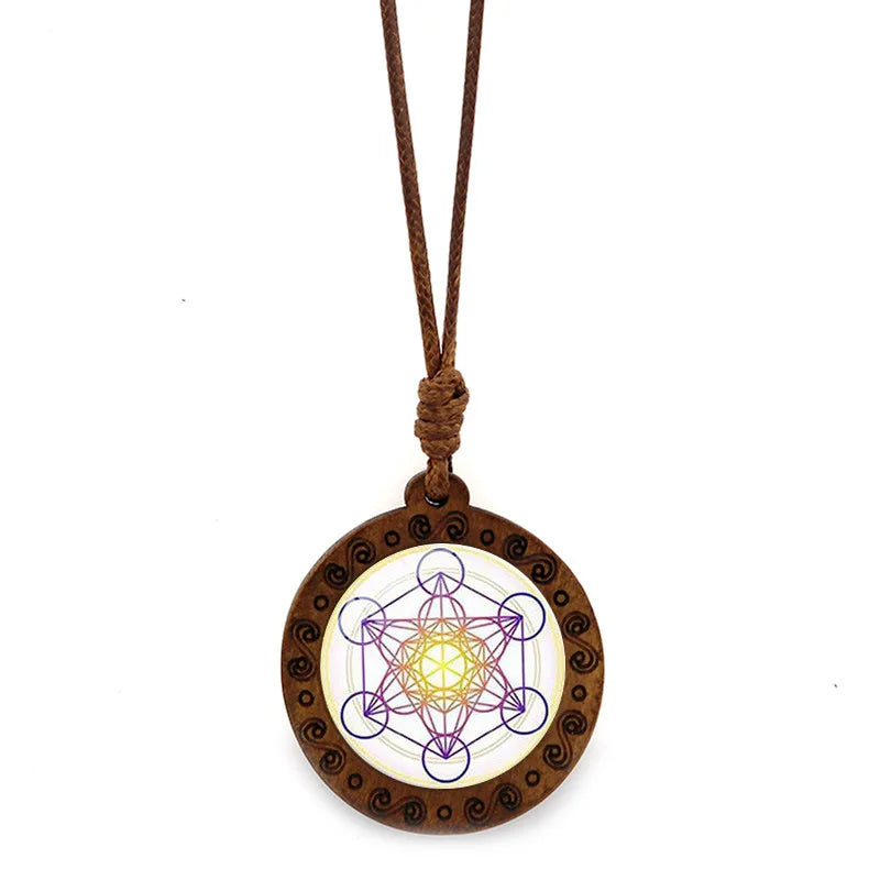 Vintage Archangel Metatron Cube Wooden Necklace | Sacred Geometry
