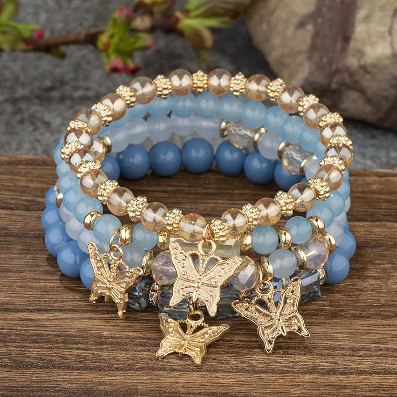 Butterfly Beaded Bracelet Set | 4 Piece Pink Bohemian Stack | USA Australia