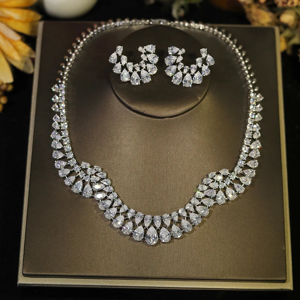 ASNORA Luxury Zircon Wedding Necklace Set | Geometric Design Bridal | USA Australia