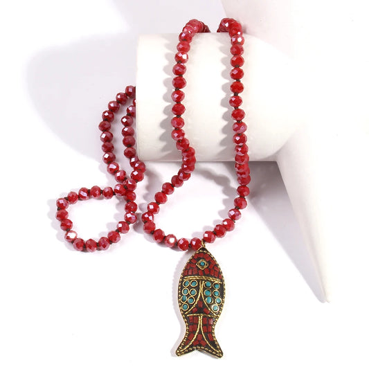 Fashion Bohemian Tribal Necklace | Red Green Crystal Glass Pendant | USA Australia