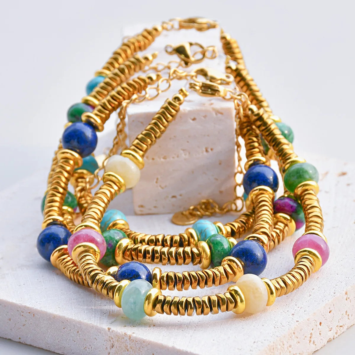 Natural Stone Beaded Bracelet | Colorful Bohemian Gold Chain | Women | USA