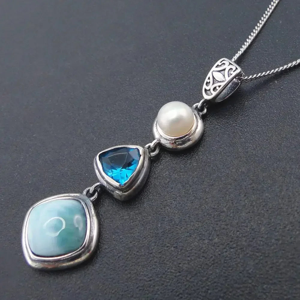 1 Pcs Silver Color Handmade Necklace Pendant Unique Beautiful Blue Natural Sea Pattern And Pearl Pendants Jewelry