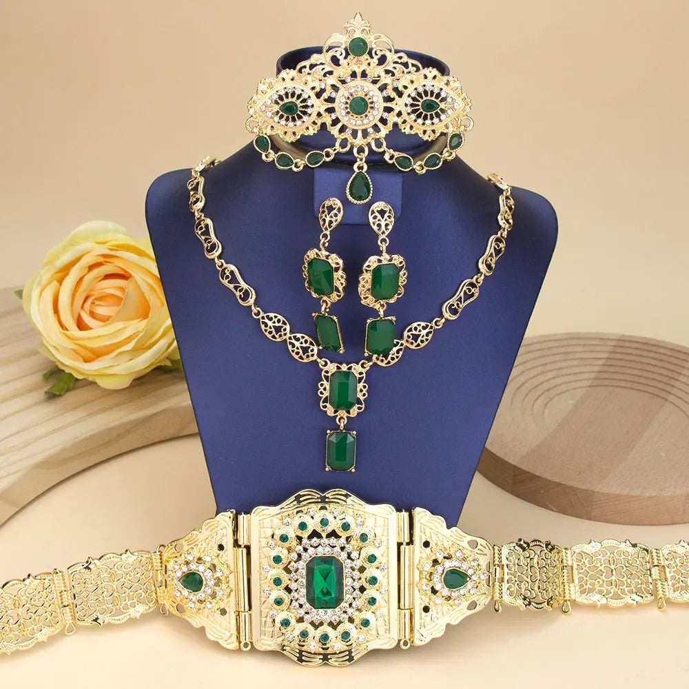 Sunspicems Gold Color Crystal Morocco Bride Jewelry Sets For Women Caftan Belt Waist Chain Charm Choker Necklace Square Earrings