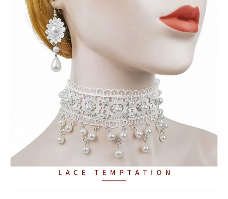 White Pearl Lace Necklace & Earrings Set | Lolita Fashion Accessories