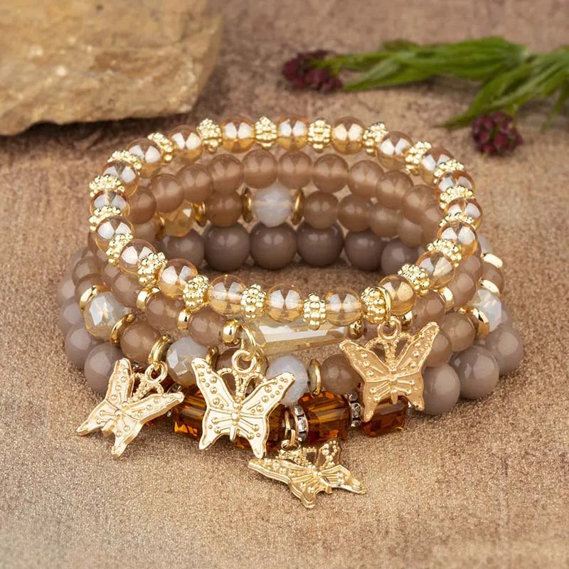 Butterfly Beaded Bracelet Set | 4 Piece Pink Bohemian Stack | USA Australia