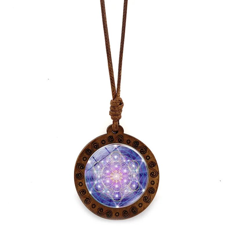 Vintage Archangel Metatron Cube Wooden Necklace | Sacred Geometry